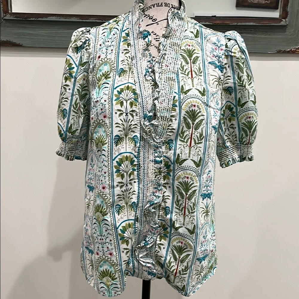 Crown & Ivy Green and Blue Botanical Blouse